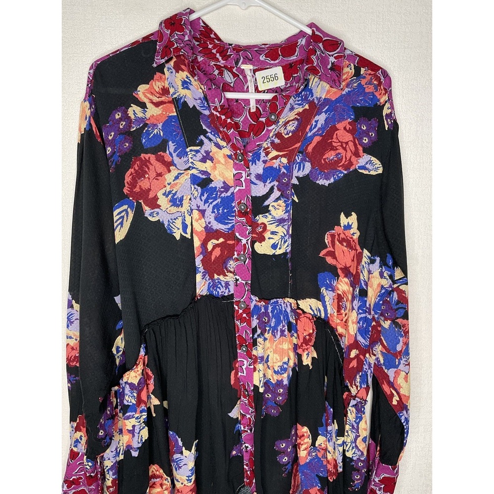 Free People Babydoll Top Women's XS Black Brunch a Bunch Tunic Button Up Shirt